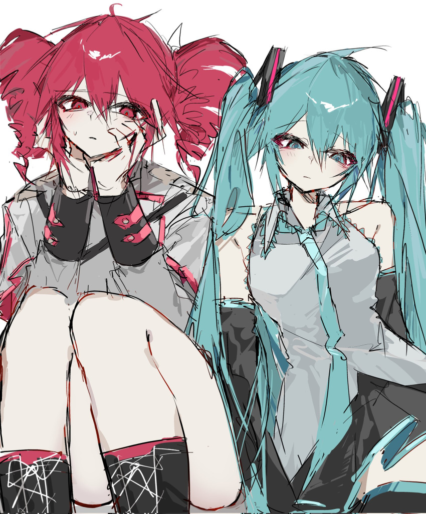 2girls, aqua_eyes, aqua_hair, aqua_necktie, black_skirt, black_thighhighs, blue_hair, boots