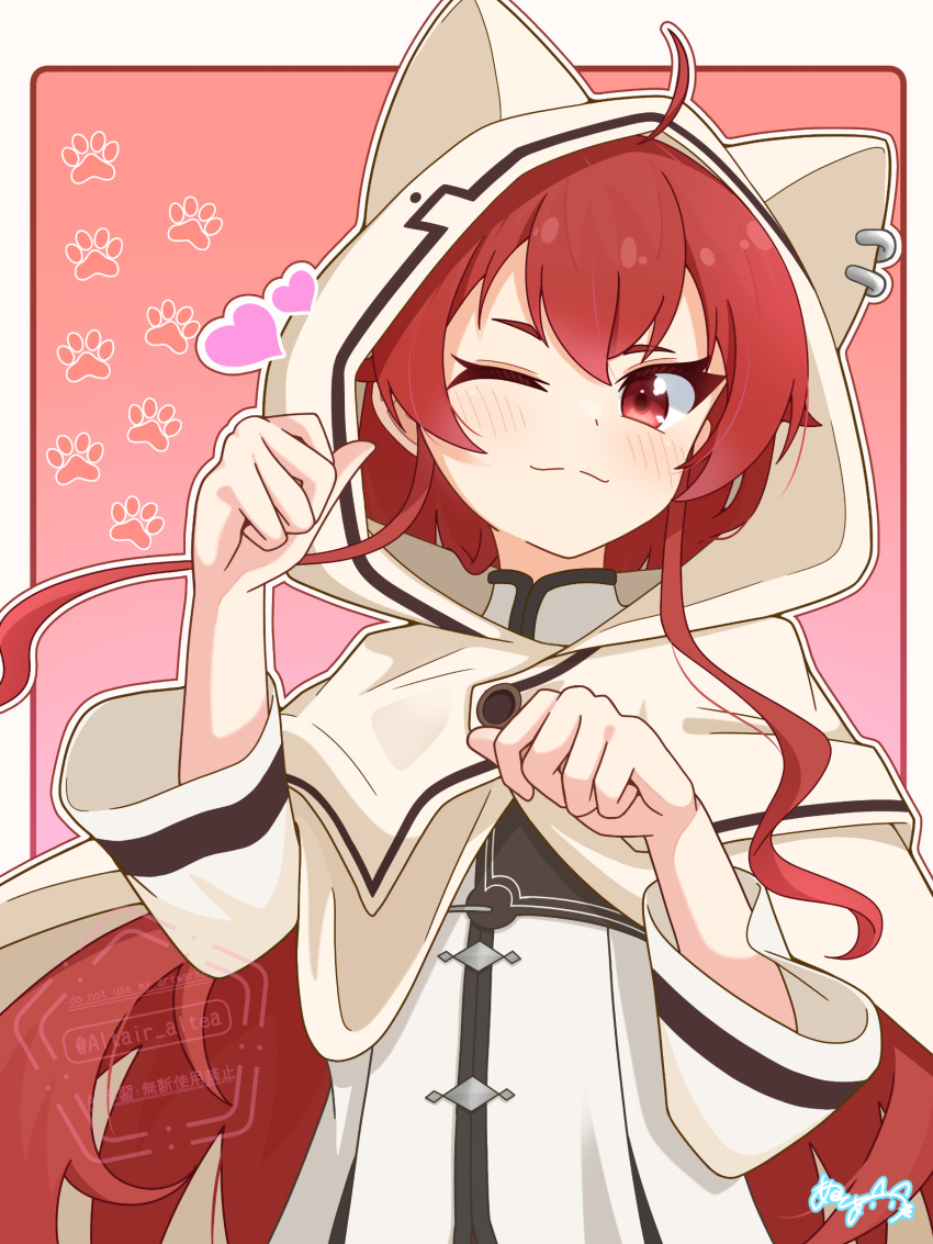 1girl, absurdres, ahoge, altair_altea, animal_hood, blush, border, cloak