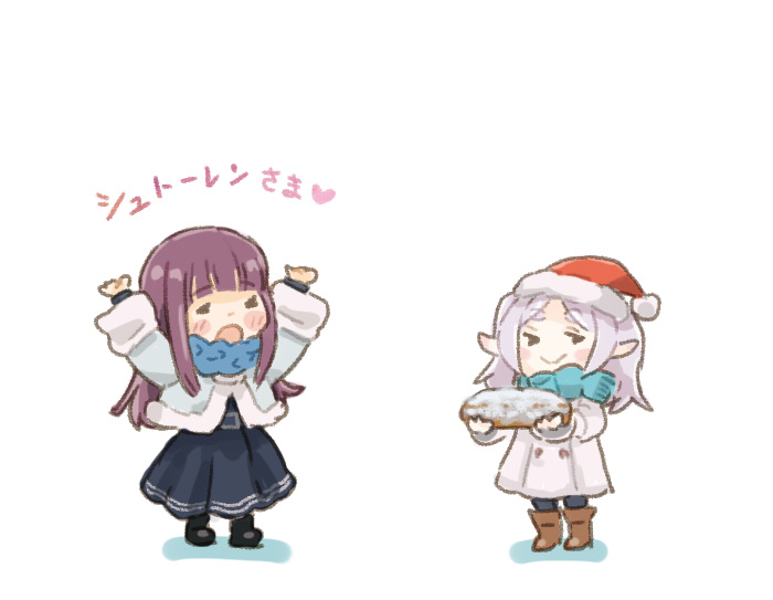 2girls, arms_up, black_dress, blue_jacket, bowl, bread, chibi, coat