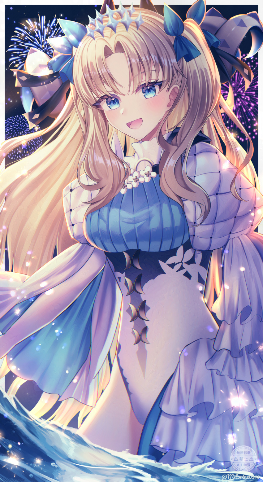 1girl, absurdres, aerial_fireworks, blonde_hair, blue_eyes, border, commentary_request, ereshkigal_(fate)