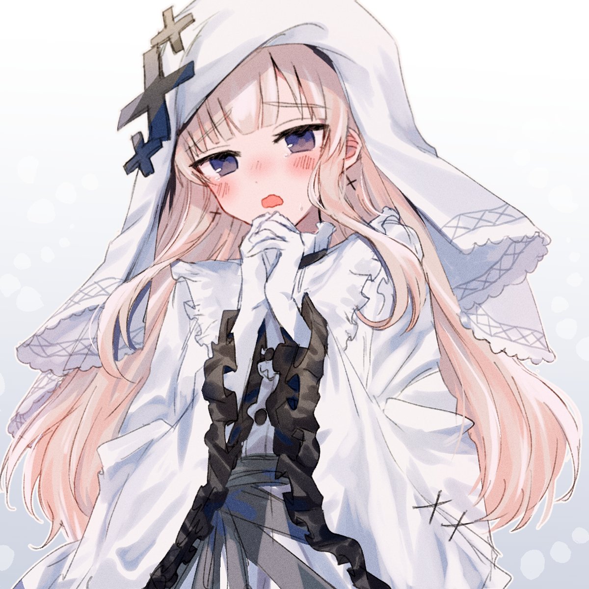 1girl, blonde_hair, blunt_bangs, cross, cross_earrings, dress, earrings, frilled_dress