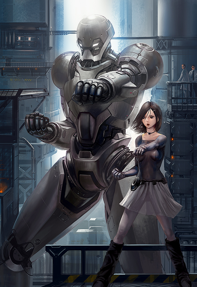 1girl, 2boys, boots, boxing, cyberpunk, female, glasses, gloves