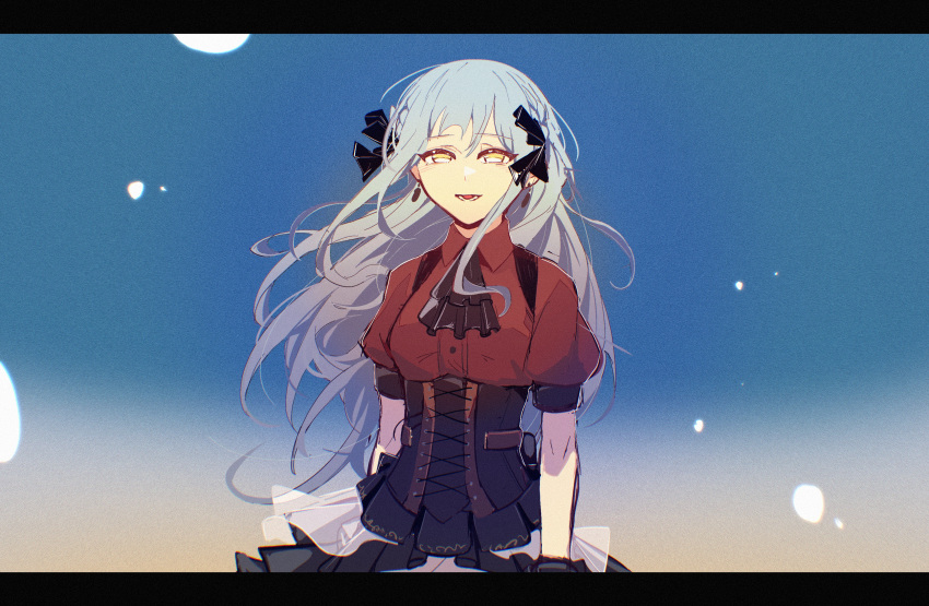 1girl, absurdres, ascot, bai_weizi_lingzi, bang_dream!, bang_dream!_it's_mygo!!!!!, black_ascot, black_corset, black_ribbon, black_skirt, blue_background, blue_hair, blunt_bangs, corset, cowboy_shot, earrings, gradient_background, hair_ribbon, highres, jewelry, letterboxed, long_hair, looking_at_viewer, oblivionis_(bang_dream!), open_mouth, red_shirt, ribbon, shirt, sidelocks, skirt, smile, solo, standing, togawa_sakiko, two_side_up, yellow_eyes