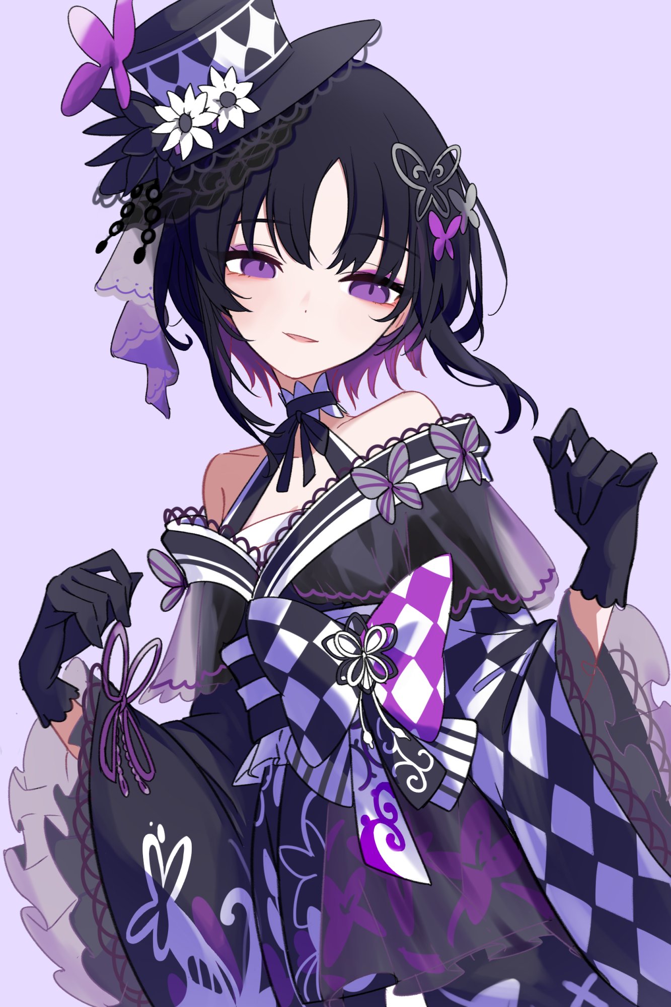 1girl, bare_shoulders, black_gloves, black_hair, black_hat, black_kimono, bug, butterfly