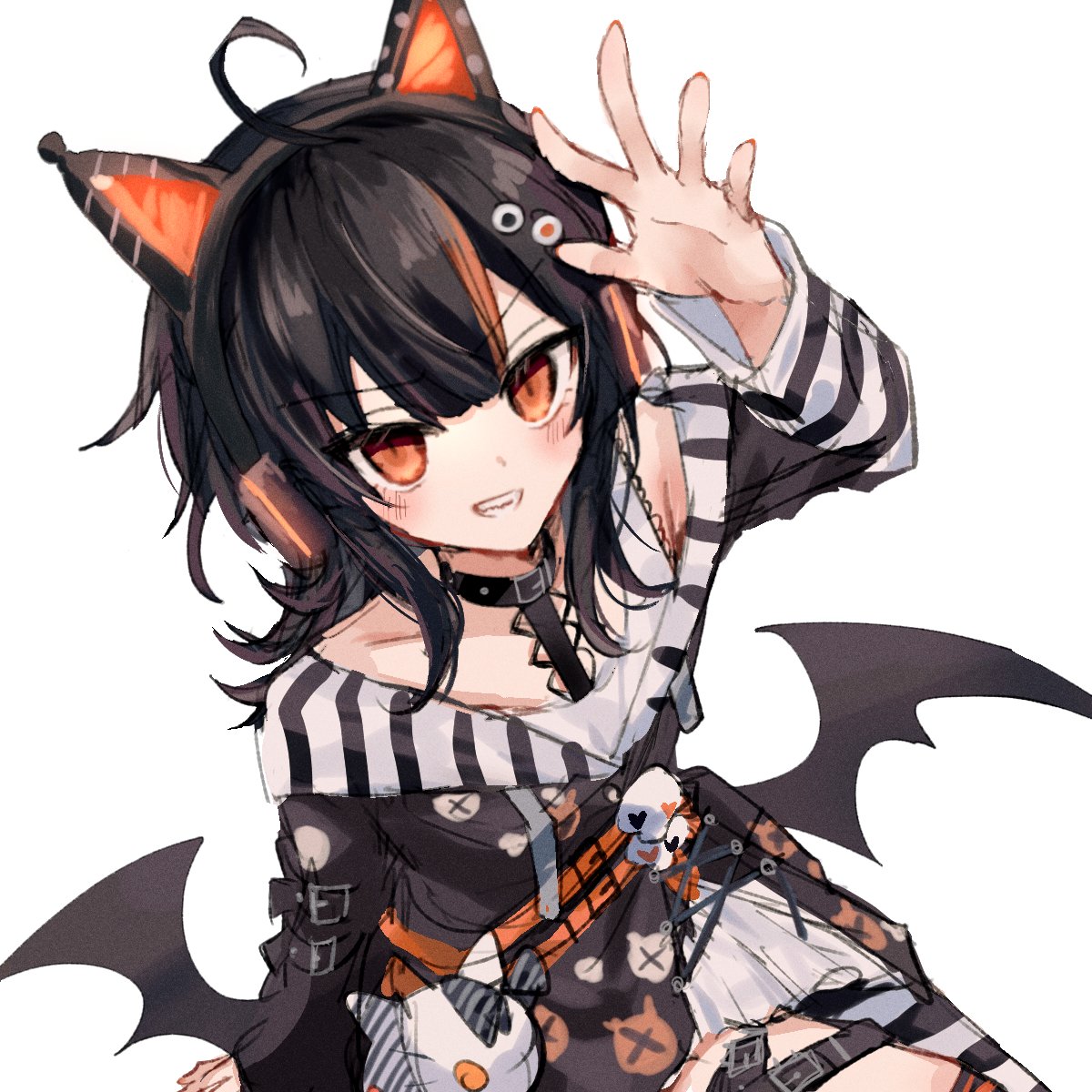 1girl, ahoge, animal_ear_headphones, animal_ears, bat_wings, belt, black_belt, black_hair