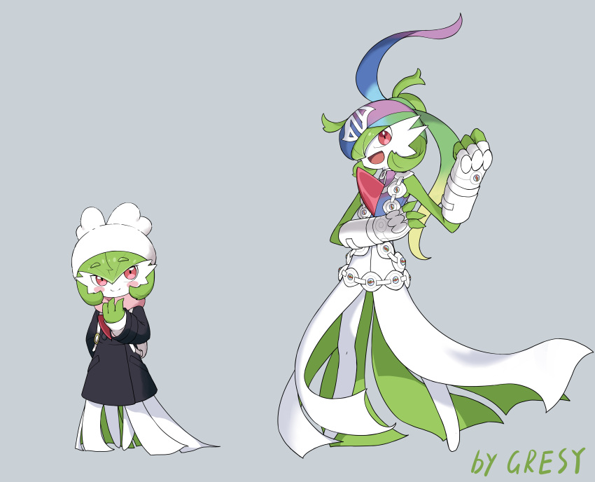 2girls, absurdres, ansha_(pokemon), ansha_(pokemon)_(cosplay), arm_behind_back, artist_name, backpack, bag, bandolier, beanie, belt, black_coat, blush, blush_stickers, bob_cut, child, clenched_hand, closed_mouth, clothed_pokemon, coat, colored_skin, commentary_request, cosplay, fingerless_gloves, flat_chest, full_body, gardevoir, gloves, gradient_hair, green_hair, green_skin, gresy, grey_background, hair_between_eyes, hairband, hand_up, happy, hat, highres, korrina_(pokemon), korrina_(pokemon)_(cosplay), legs_apart, long_hair, long_sleeves, looking_at_viewer, mega_evolution_symbol, mega_stone, multicolored_hair, multicolored_skin, multiple_girls, no_feet, open_mouth, pink_scarf, pocket, pokemon, pokemon_(creature), pokemon_legends:_z-a, rainbow_hair, red_eyes, scarf, shirt, short_hair, signature, simple_background, sleeveless, sleeveless_shirt, smile, split_mouth, standing, two-tone_shirt, two-tone_skin, white_gloves, white_hat, white_skin, winter_clothes, zipper_pull_tab