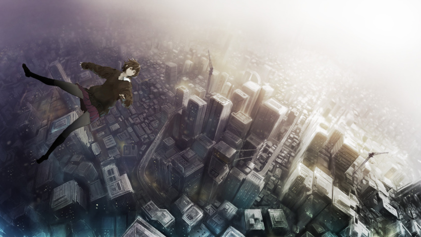 black_legwear, cityscape, falling, highres, lifemeat, original, pantyhose, short_hair