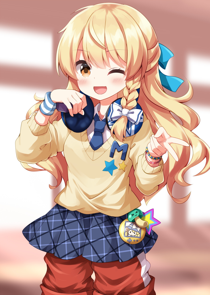 1girl, ;d, blonde_hair, blue_necktie, blue_ribbon, blue_skirt, blurry, blurry_background