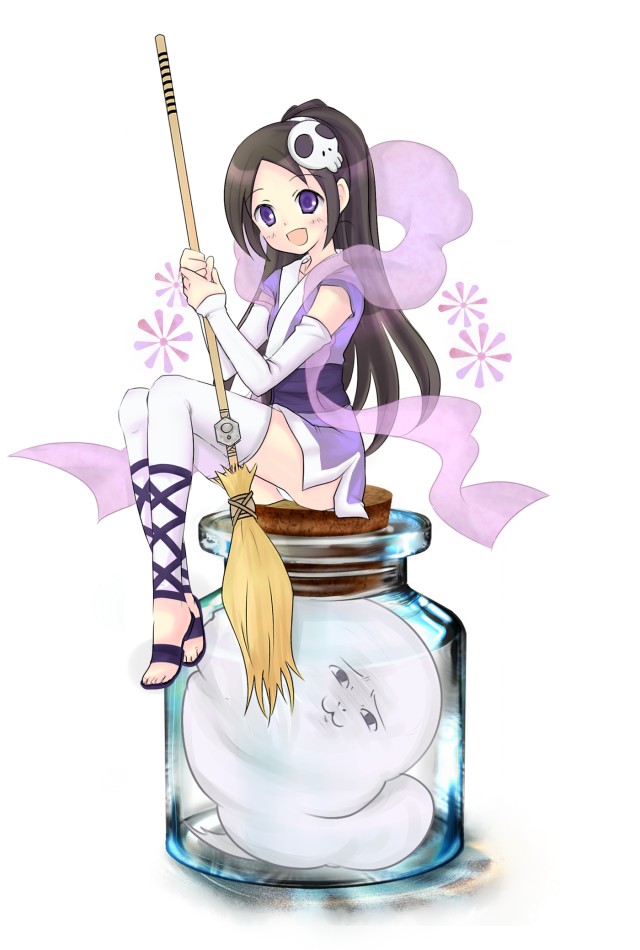 broom, elsea_de_lute_irma, hair_ornament, jar, kami_nomi_zo_shiru_sekai, long_hair, panties, pantyshot, ponytail, purple_eyes, thigh-highs, thighhighs, underwear, violet_eyes, yuni_(artist)
