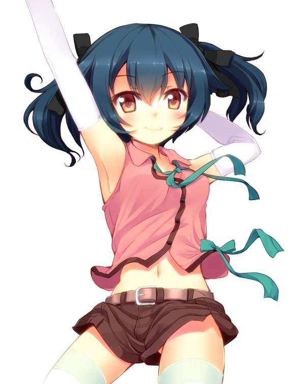 ayame_(komone_ushio), belt, blue_hair, elbow_gloves, fang, gloves, hair_ribbon, komone_ushio, midriff, navel, original, red_eyes, ribbon, shorts, sleeveless, thigh-highs, thighhighs, twintails, white_legwear