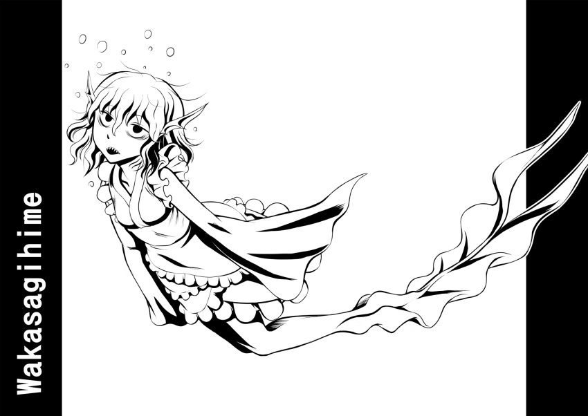 1girl, air_bubble, ayana_mizuki, bags_under_eyes, bubble, character_name, commentary_request, fins