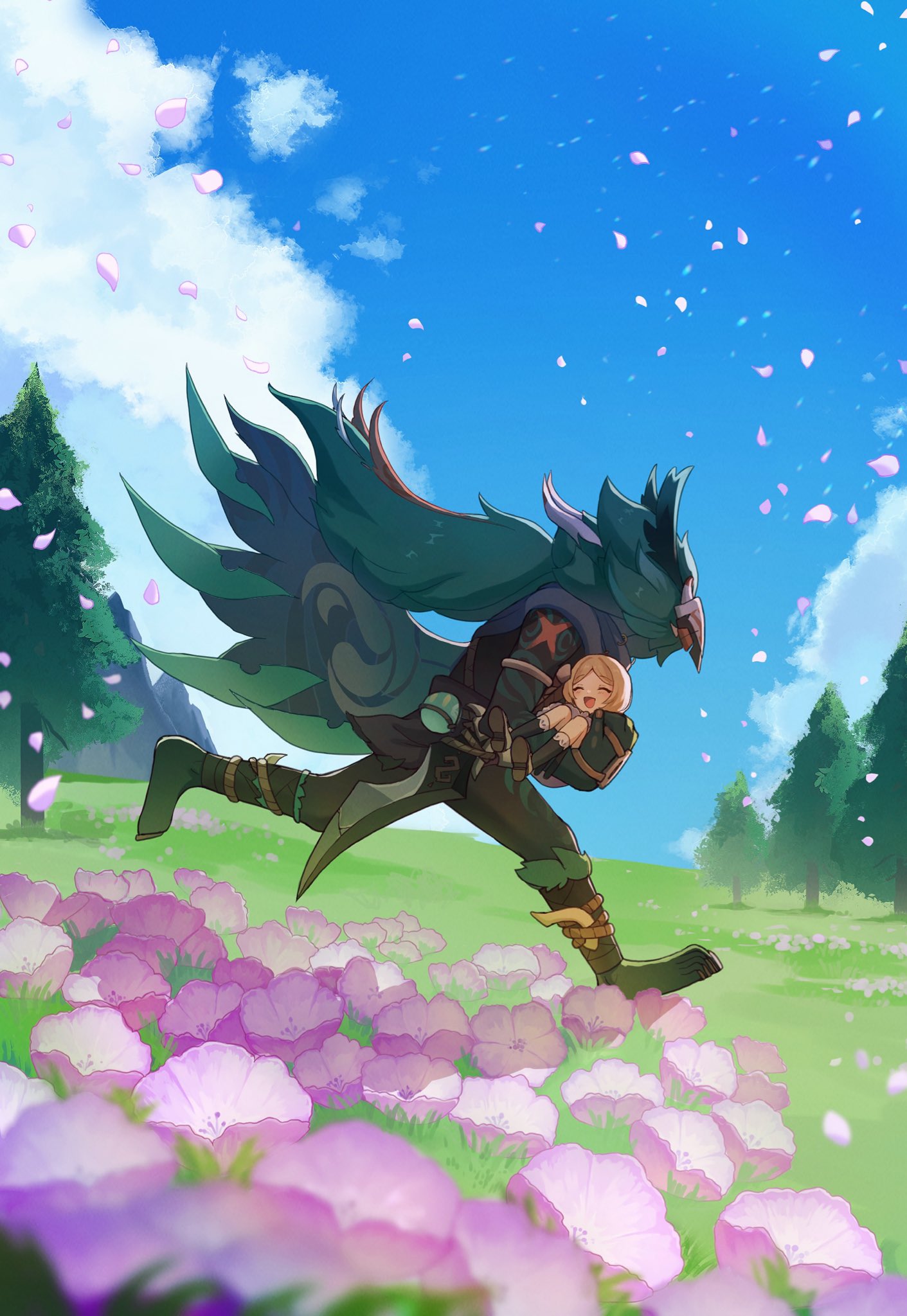 1boy, 1girl, 333sanchi, blonde_hair, blue_sky, cape, carrying, carrying_person