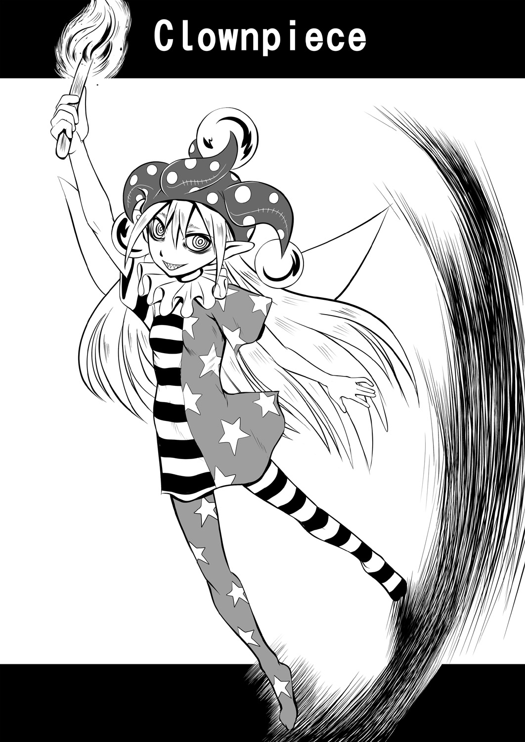 1girl, american_flag_dress, american_flag_legwear, arm_up, ayana_mizuki, character_name, clownpiece, commentary_request