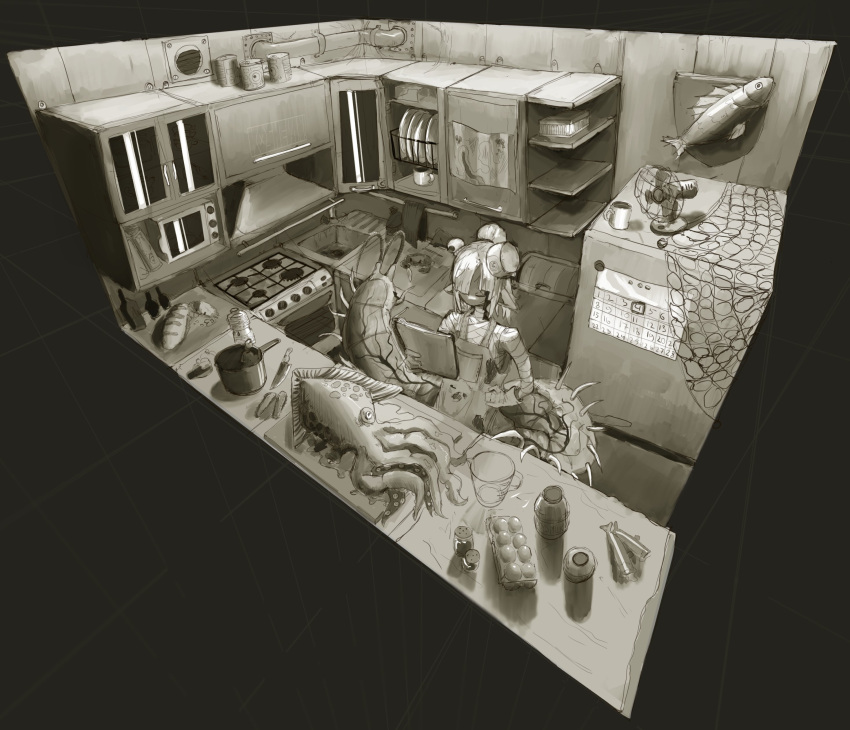 absurdres, bread, bug, centipede, crab, cup, egg, fish
