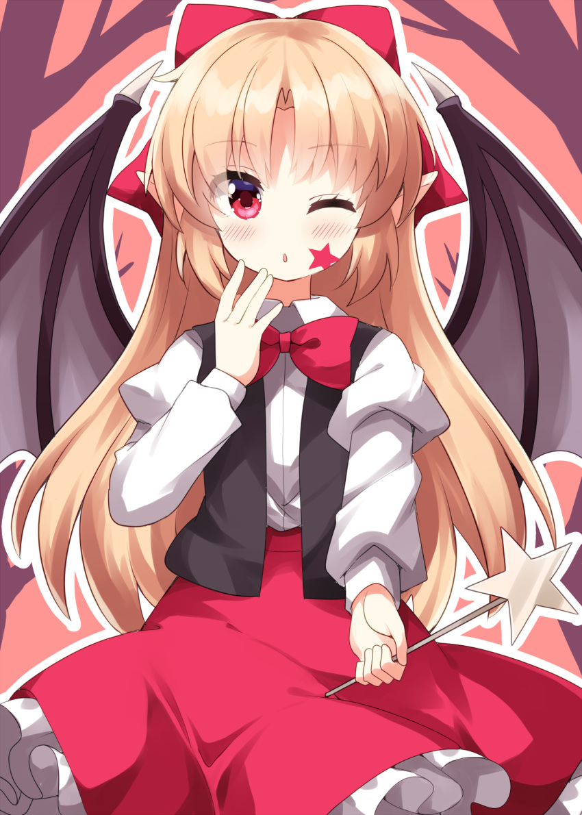 1girl, ;o, blonde_hair, blush, bow, bowtie, collared_shirt, commentary_request, completion_time, cowboy_shot, elis_(touhou), frilled_skirt, frills, hair_bow, hand_up, highres, holding, holding_wand, long_hair, long_sleeves, looking_at_viewer, one_eye_closed, open_mouth, outline, parted_bangs, red_background, red_bow, red_bowtie, red_eyes, ruu_(tksymkw), shirt, skirt, solo, star_wand, touhou, touhou_(pc-98), wand, white_outline, white_shirt, wings