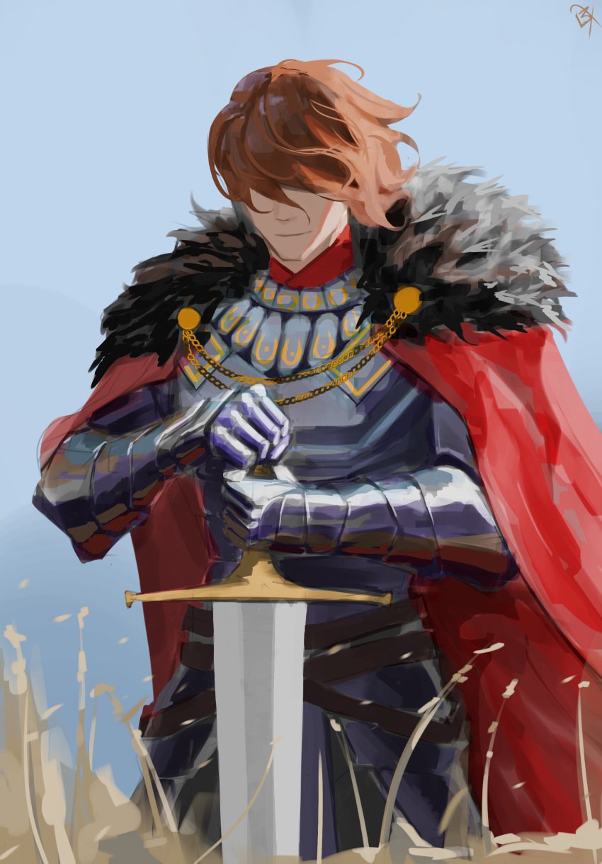 1boy, absurdres, armor, auro_of_the_nine, brown_hair, cape, commentary, cowboy_shot