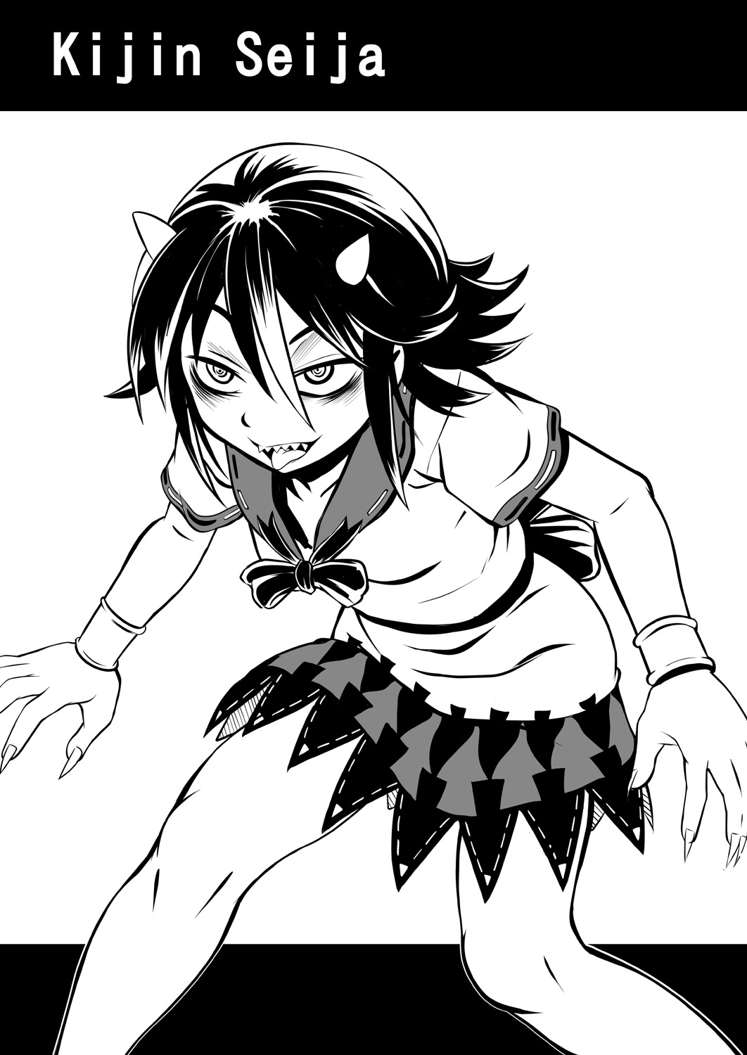 1girl, arrow_print, ayana_mizuki, bags_under_eyes, bow, bowtie, bracelet, character_name, commentary_request, cone_horns, dress, feet_out_of_frame, greyscale, hair_between_eyes, highres, horns, jewelry, kijin_seija, leaning_forward, long_bangs, looking_afar, monochrome, open_mouth, print_dress, sharp_teeth, short_hair, short_sleeves, small_horns, smile, solo, teeth, tongue, tongue_out, touhou