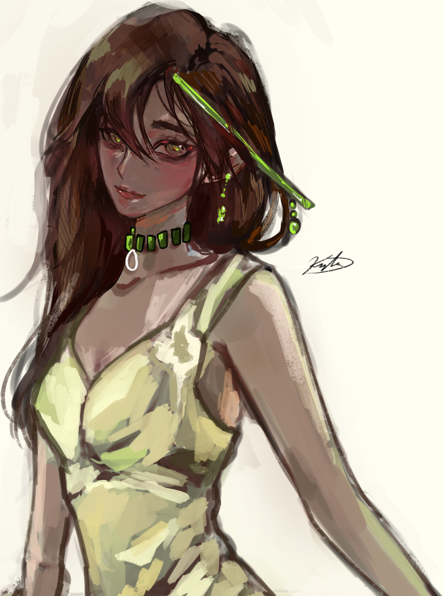1girl, alice_(shadow_slave), blush, brown_eyes, brown_hair, dark-skinned_female, dark_skin, dress, earrings, head_tilt, jewelry, kyta_5, long_hair, looking_at_viewer, necklace, shadow_slave, smile, solo, upper_body, yellow_dress