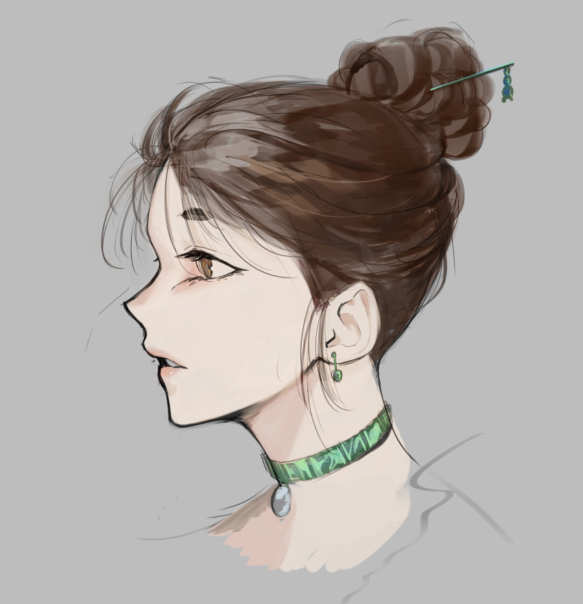 1girl, absurdres, alice_(shadow_slave), brown_eyes, brown_hair, commentary, cropped_shoulders, earrings, english_commentary, hair_bun, highres, jewelry, logicsterrr, looking_to_the_side, necklace, parted_lips, portrait, shadow_slave, solo