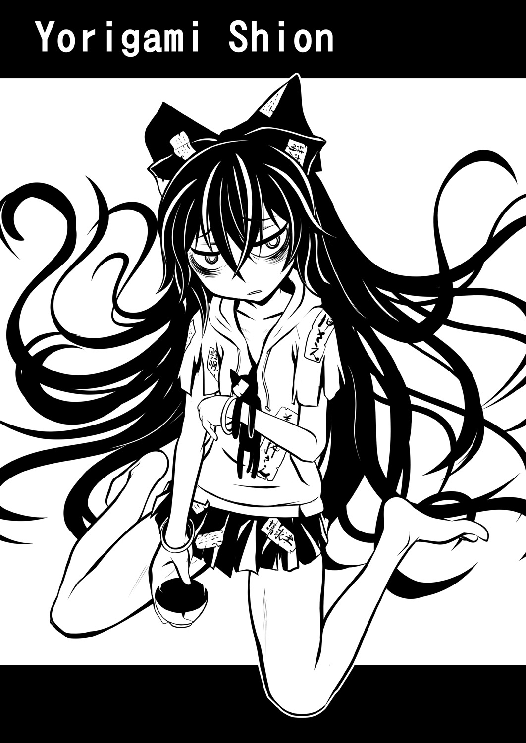 1girl, ayana_mizuki, bags_under_eyes, barefoot, bow, bowl, character_name, commentary_request, floating_hair, full_body, greyscale, hair_between_eyes, hair_bow, highres, hood, hood_down, long_bangs, long_hair, looking_at_viewer, miniskirt, monochrome, open_mouth, short_sleeves, sitting, skirt, solo, stuffed_animal, stuffed_cat, stuffed_toy, touhou, very_long_hair, wariza, yorigami_shion