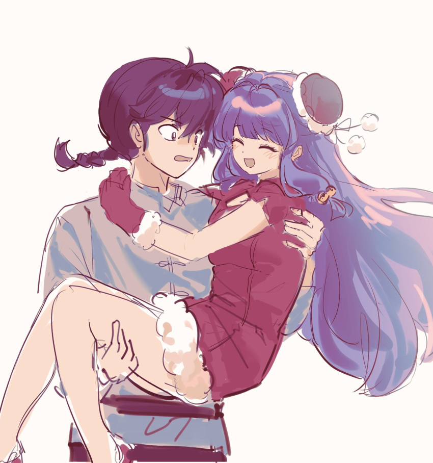 1boy, 1girl, 88_77k, ^_^, arms_around_neck, black_hair, braid, bun_cover