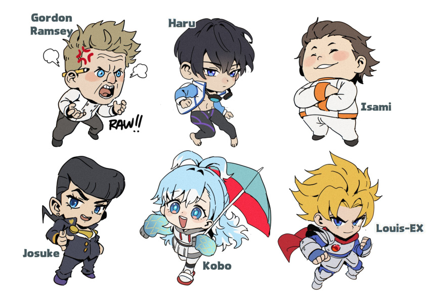1girl, artofmiin, free!, gordon_ramsay, higashikata_jousuke, isami_aldini, jojo_no_kimyou_na_bouken, kobo_kanaeru
