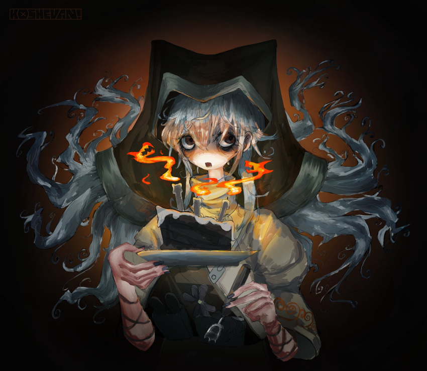 blue_hair, breasts, brown_hair, cake, candle, fire, flower, food