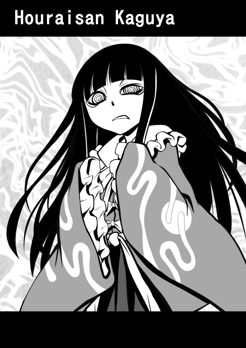 1girl, abstract_background, absurdres, ayana_mizuki, blunt_bangs, character_name, commentary_request, greyscale