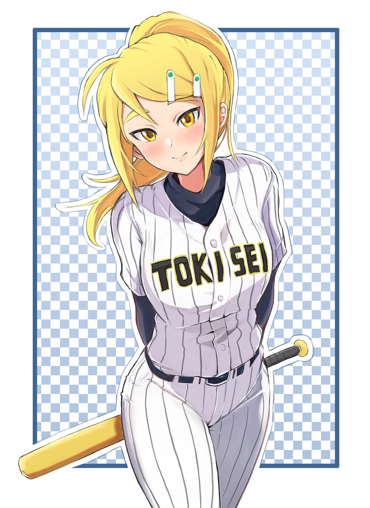 1girl, ahoge, arms_behind_back, baseball_bat, baseball_uniform, belt, black_belt, blonde_hair