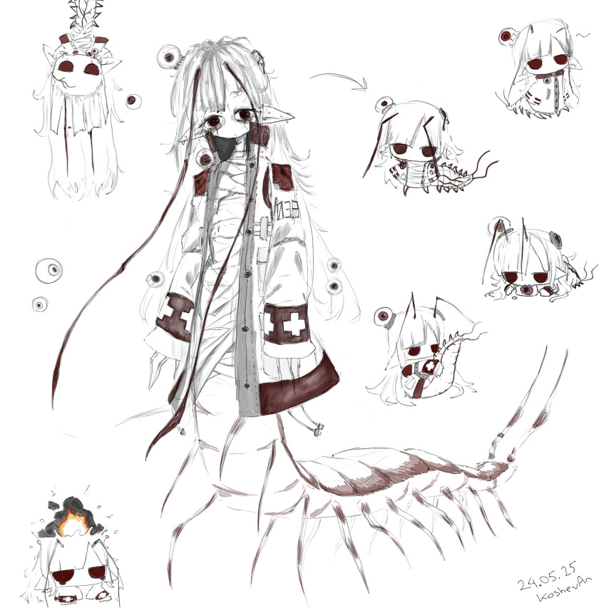 bug, centipede, chibi, colored_skin, exploding_head_emoji, explosion, eyeball, fingernails, highres, koshevan, long_fingernails, long_hair, original, pointy_ears, red_eyes, trap, white_hair, white_skin