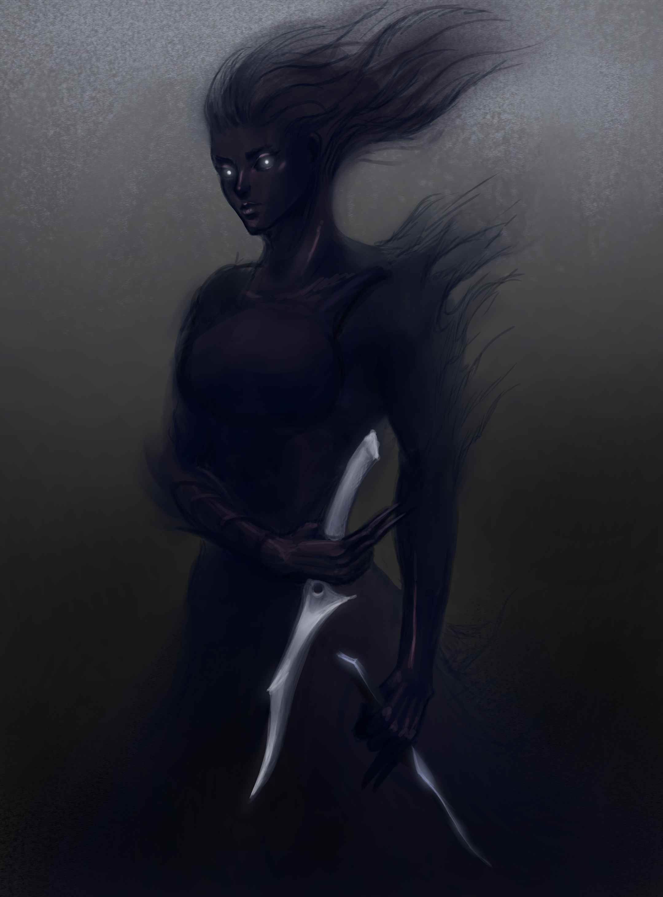 1girl, absurdres, beanszzz, black_dress, commentary, cowboy_shot, dagger, dark_skin, disintegration, dress, english_commentary, head_tilt, highres, holding, holding_dagger, holding_knife, holding_weapon, knife, long_hair, looking_at_viewer, shadow_slave, solo, very_dark_skin, weapon, white_eyes