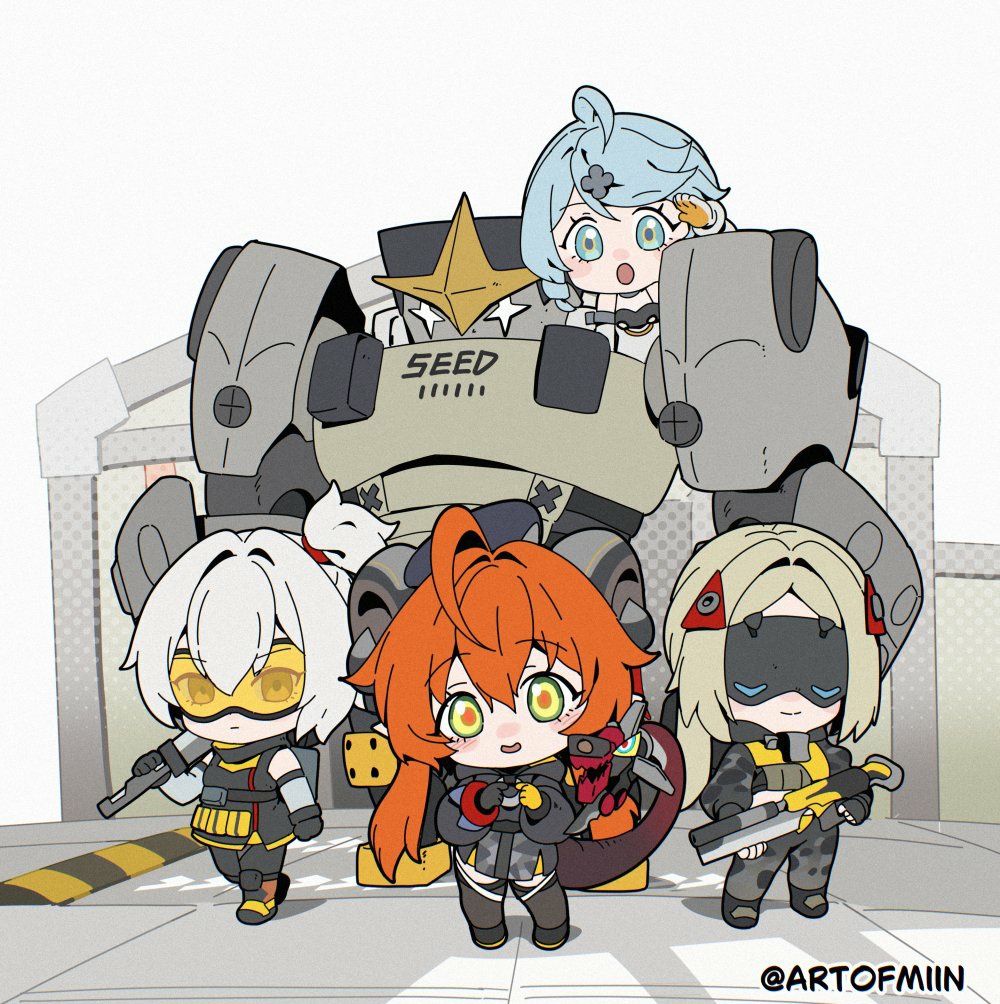 1boy, artofmiin, long_hair, magus_(zenless_zone_zero), multiple_girls, orphie_(zenless_zone_zero), orphie_magnusson, seed_(zenless_zone_zero)