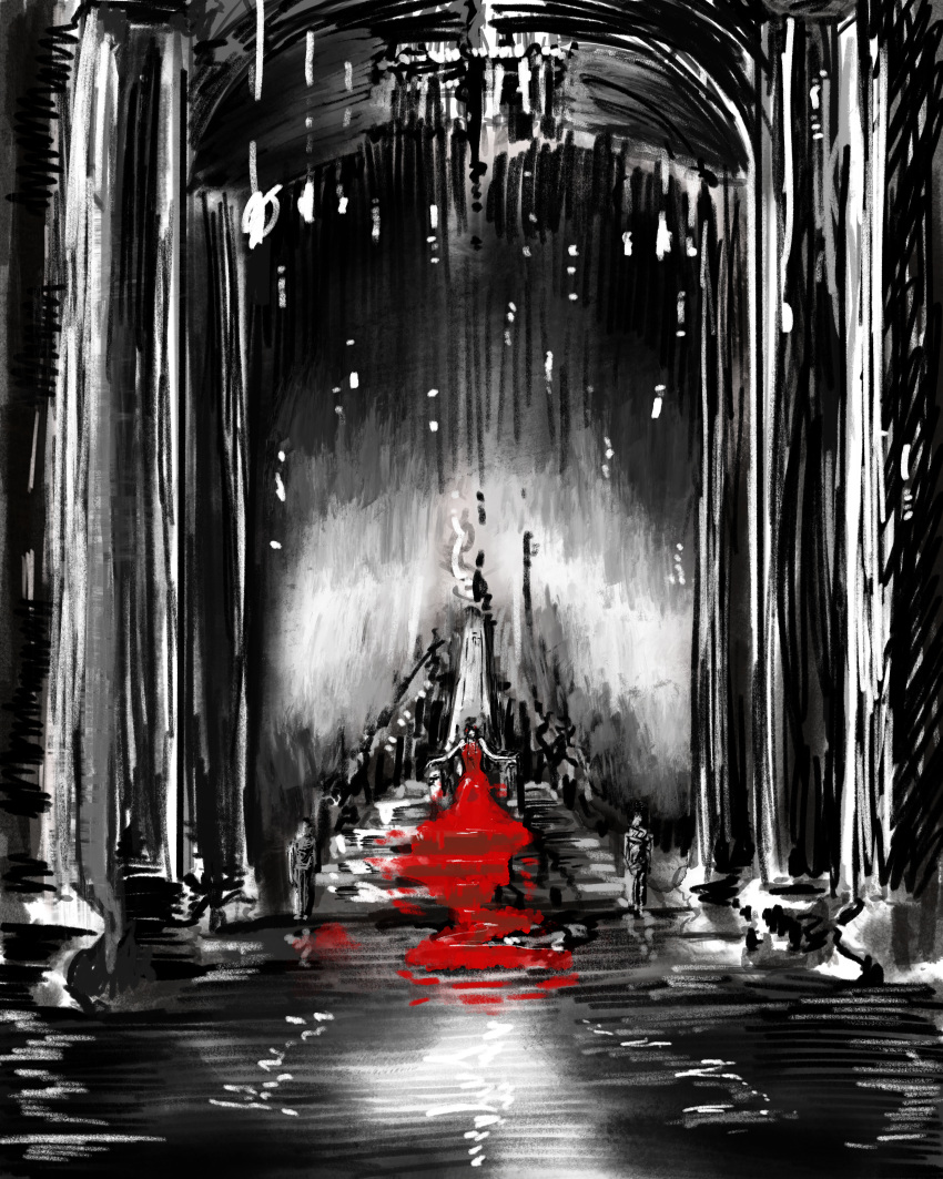 1girl, 2others, absurdres, chandelier, column, dress, elbow_rest, facing_viewer, highres, ignoramoose, indoors, ki_song, multiple_others, outstretched_arms, partially_colored, pillar, red_dress, shadow_slave, sitting, stairs, throne, wide_shot