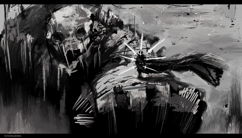 1other, absurdres, anvil_(shadow_slave), black_cape, cape, cliff, creature, floating