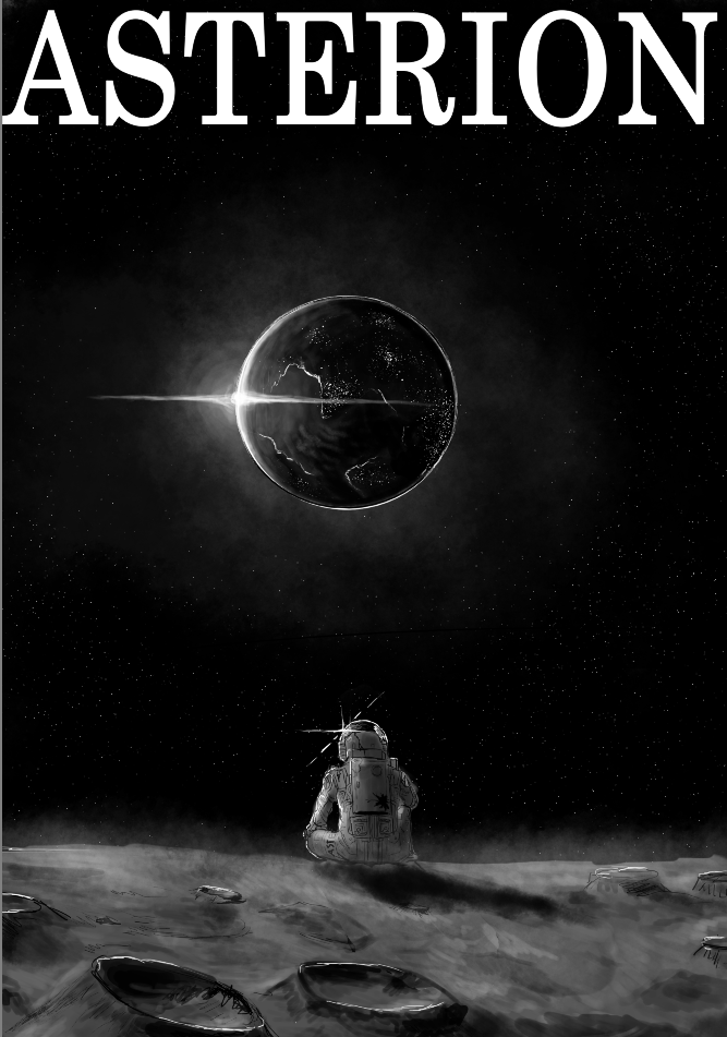 1other, asterion_(shadow_slave), astronaut, character_name, commentary, earth_(planet), english_commentary, full_body, hand_on_own_knee, knee_up, moon, night, planet, shadow_slave, sitting, solo, space, whitebeard5793