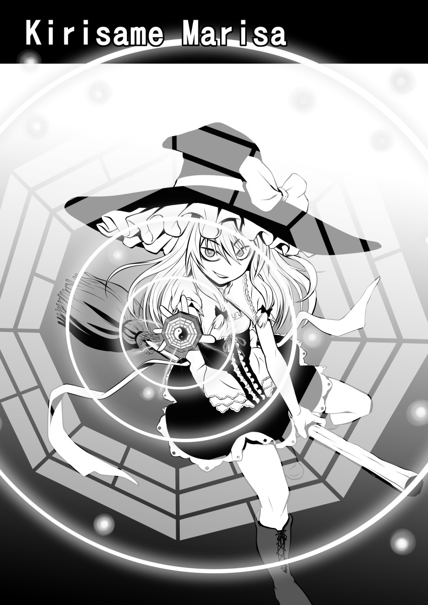 1girl, absurdres, aiming, aiming_at_viewer, ayana_mizuki, boots, broom, broom_riding, character_name, commentary_request, corset, frilled_hat, frilled_skirt, frills, full_body, greyscale, hat, highres, kirisame_marisa, long_hair, looking_at_viewer, mini-hakkero, monochrome, open_mouth, ribbon, shirt, skirt, smile, solo, touhou, witch_hat, yin_yang