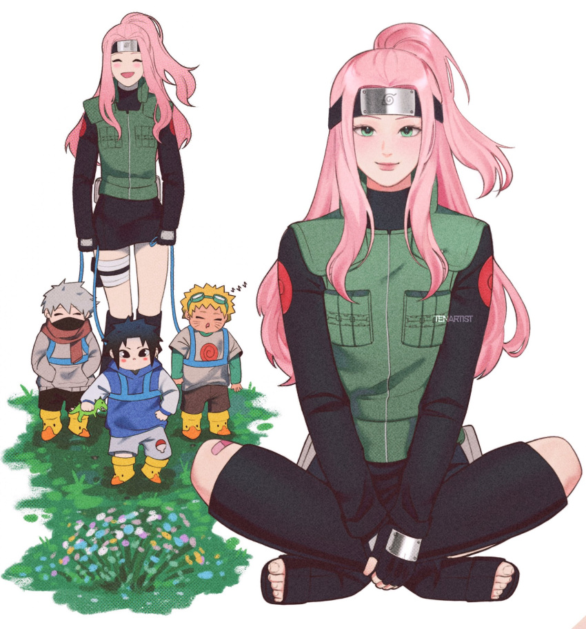 1girl, 3boys, aged_down, alternate_costume, alternate_hairstyle, artist_name, bandaged_leg, bandages