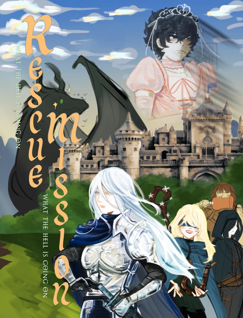 2boys, 4girls, animalization, armor, black_hair, blindfold, blue_cloak, cassie_(shadow_slave)