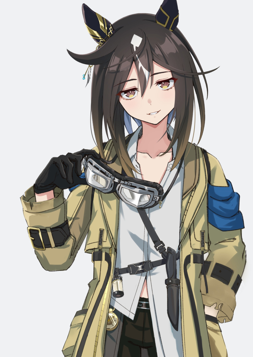 1girl, absurdres, animal_ears, black_gloves, black_hair, black_pants, blush, brown_eyes