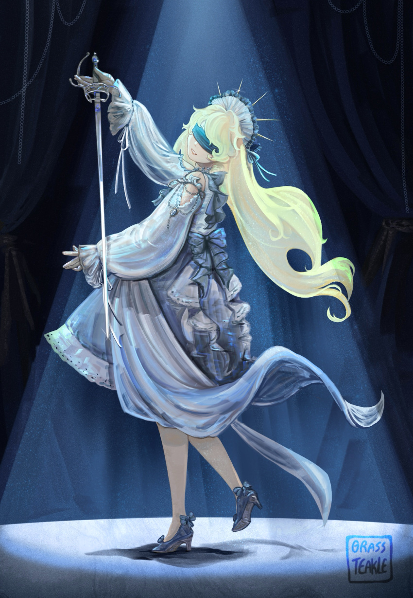 1girl, back_bow, blindfold, blonde_hair, bow, cassie_(shadow_slave), clothing_cutout, commentary, cuttlefishfish, dress, english_commentary, facing_viewer, frilled_sleeves, frills, full_body, head_tilt, high_heels, highres, holding, holding_polearm, holding_weapon, lance, lolita_fashion, long_hair, polearm, shadow_slave, shoulder_cutout, solo, spotlight, standing, standing_on_one_leg, very_long_hair, weapon, white_dress