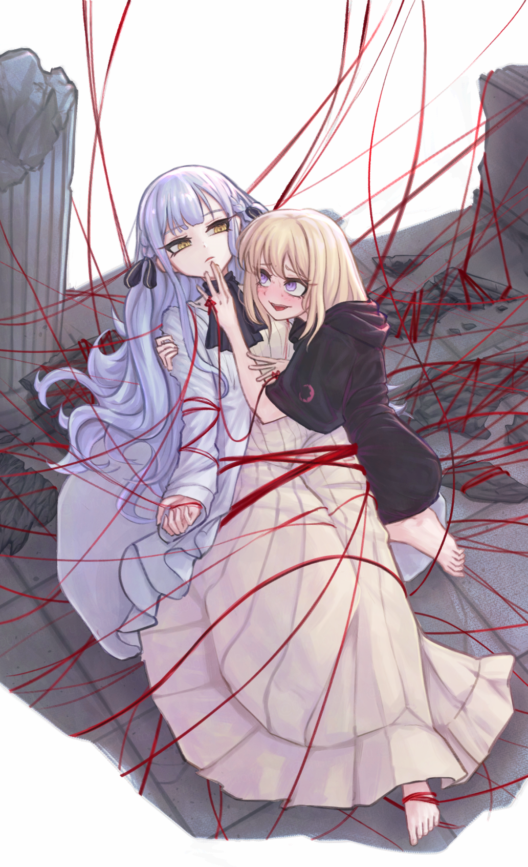 2girls, bang_dream!, bang_dream!_it's_mygo!!!!!, barefoot, black_hoodie, black_ribbon, blue_hair, brown_dress, coat, commentary, dress, english_commentary, hair_ribbon, highres, hood, hood_down, hoodie, long_hair, long_sleeves, misumi_uika, multiple_girls, open_mouth, parted_lips, ribbon, short_sleeves, sidelocks, sophie_(bang_dream!), string, string_of_fate, togawa_sakiko, tomare_(akashingou), violet_eyes, white_coat, yellow_eyes, yuri