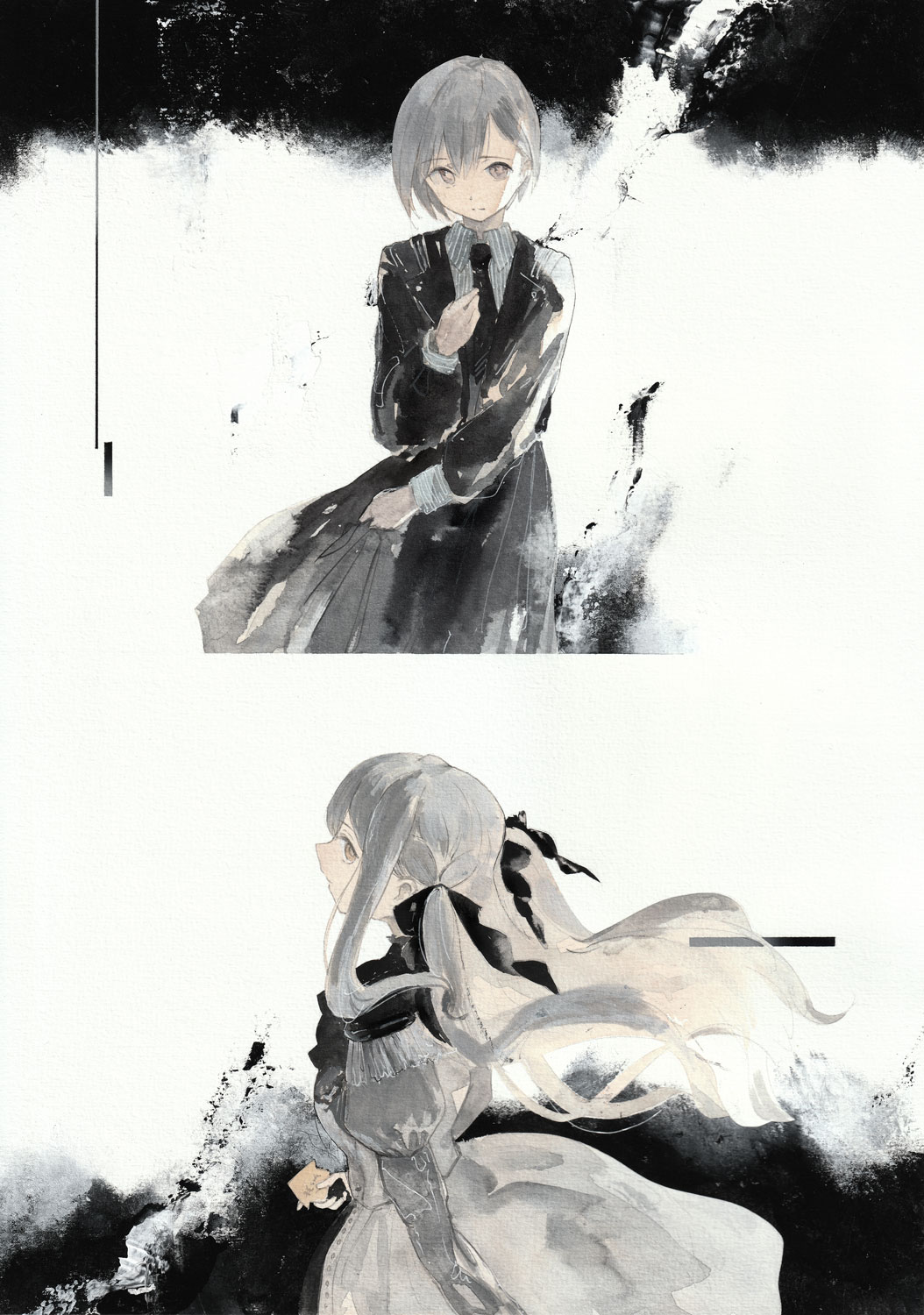 2girls, bang_dream!, bang_dream!_it's_mygo!!!!!, black_jacket, black_necktie, black_ribbon, black_skirt, blue_hair