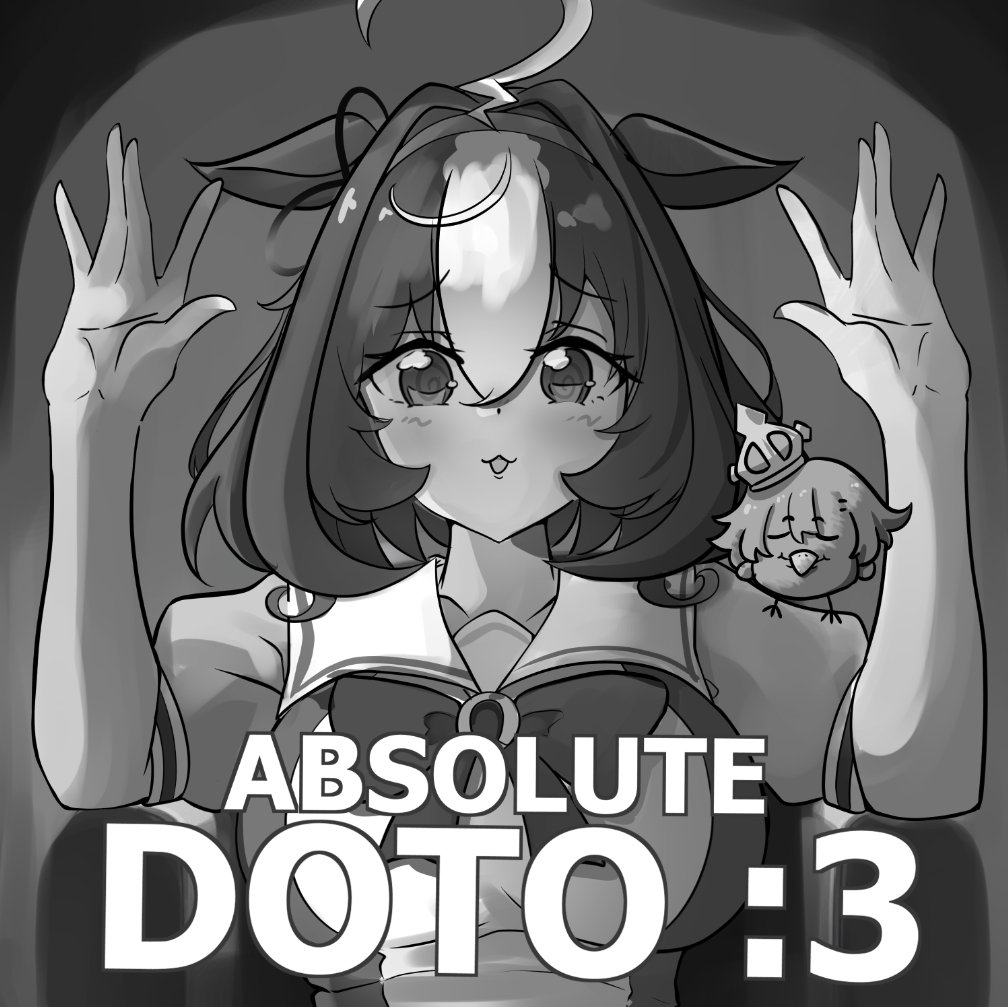 absolute_cinema_(meme), ahoge, animal_ears, animal_on_shoulder, animalization, awooogie, bird, bird_on_shoulder, bow, bowtie, breasts, chair, commentary, double-parted_bangs, ear_ribbon, english_commentary, english_text, greyscale, hair_between_eyes, hairband, hands_up, horse_ears, horse_girl, impact_(font), large_breasts, looking_at_viewer, medium_hair, meisho_doto_(umamusume), meme, monochrome, multicolored_hair, on_chair, puffy_short_sleeves, puffy_sleeves, recursive_animalization, sailor_collar, sailor_shirt, school_uniform, shirt, short_hair, short_sleeves, t.m._opera_o_(umamusume), tracen_school_uniform, two-tone_hair, umamusume