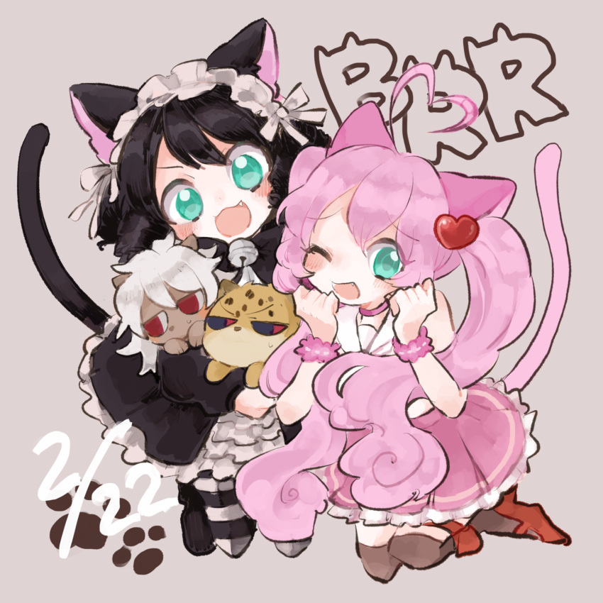 2boys, 2girls, :3, ahoge, aion_(myumon)_(show_by_rock!!), aion_(show_by_rock!!), animal_ears, aqua_eyes, az1199, bell, black_dress, black_hair, blush, cat_ears, cat_girl, cat_tail, chibi, chibikemo, commentary_request, cyan_(show_by_rock!!), dress, fang, furry, furry_male, gothic_lolita, hair_ornament, hairband, heart, heart_ahoge, heart_hair_ornament, highres, holding, holding_chibi, holding_mini_person, jingle_bell, lolita_fashion, lolita_hairband, long_hair, looking_at_viewer, mini_person, miniboy, multiple_boys, multiple_girls, one_eye_closed, open_mouth, pink_hair, rom_(myumon)_(show_by_rock!!), rom_(show_by_rock!!), rosia_(show_by_rock!!), short_hair, show_by_rock!!, smile, tail, twintails, very_long_hair