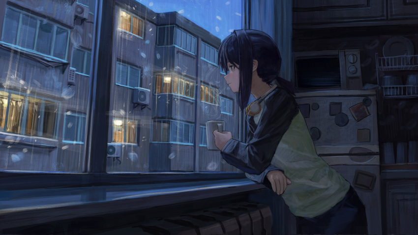 1girl, absurdres, an_yb, arm_rest, black_hair, black_shirt, black_skirt, blue_sky
