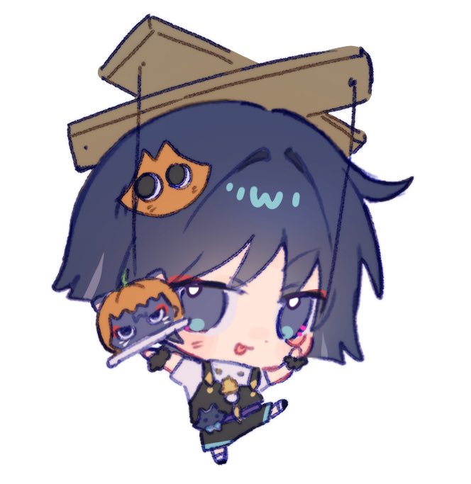 1boy, :p, akanbe, animalization, arms_up, bell, black_hair, black_overalls
