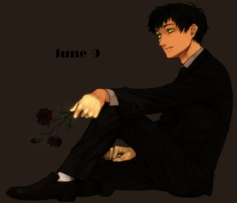 black_hair, flower, formal, gado-boa, gaignun_kukai, green_eyes, short_hair, simple_background