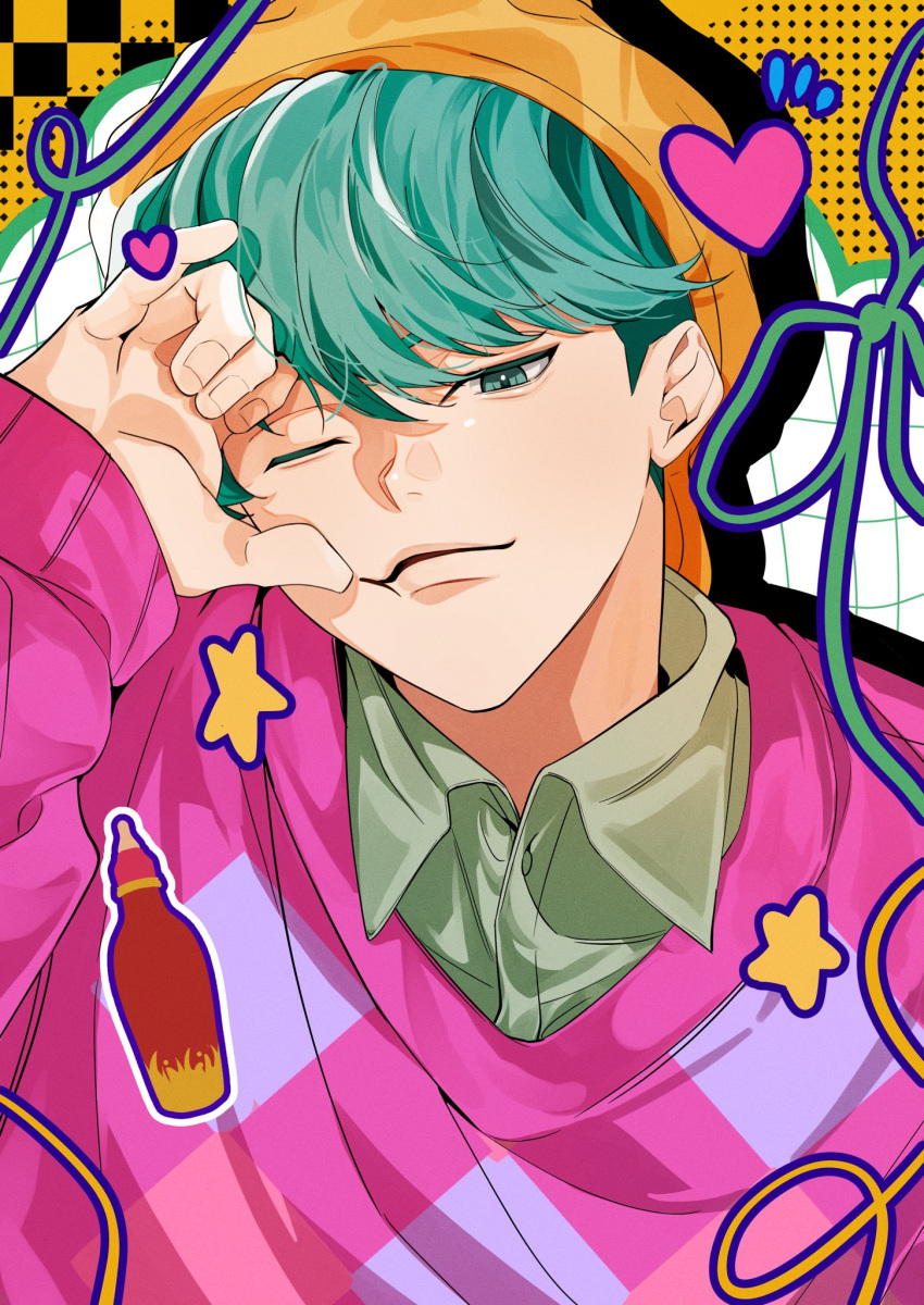 1boy, aqua_eyes, aqua_hair, baby_(kpop_demon_hunters), blunt_bangs, closed_mouth, collared_shirt, green_shirt