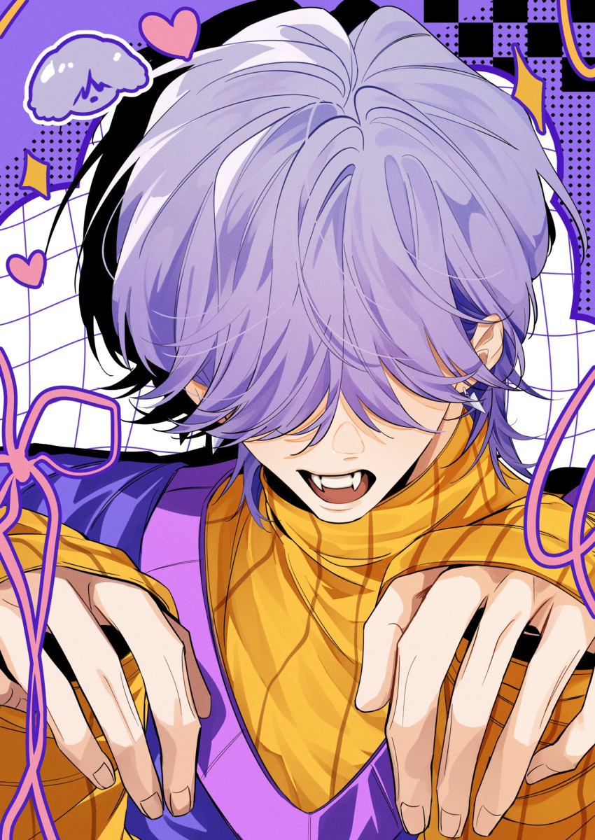 1boy, earrings, fangs, hair_over_eyes, hashtag-only_commentary, heart, highres, jewelry, kpop_demon_hunters, male_focus, mystery_(kpop_demon_hunters), pater, purple_hair, purple_sweater, short_hair, solo, sparkle, sweater, turtleneck, upper_body