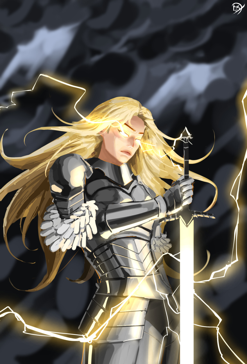 1girl, absurdres, armor, blonde_hair, clouds, cloudy_sky, cowboy_shot, empty_eyes